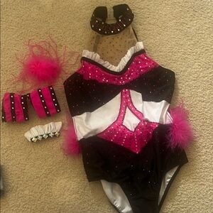 Pink and Black Dance Costume with Sequined Leotard and Accessories